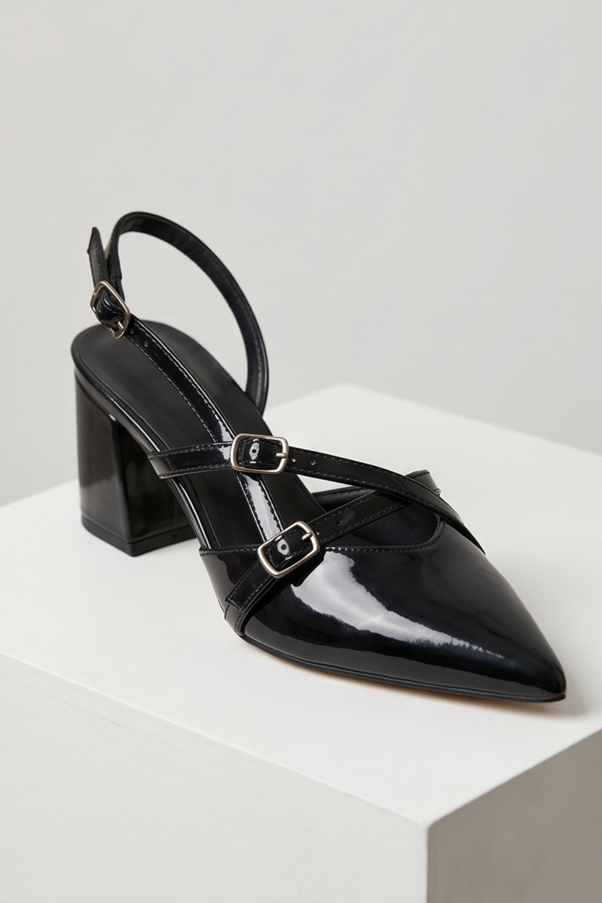  Mary Jane Siyah Rugan Çapraz Tokalı Slingback - Sivri Burun Alçak Kare Topuklu Elegant Kadın Ayakkabı
