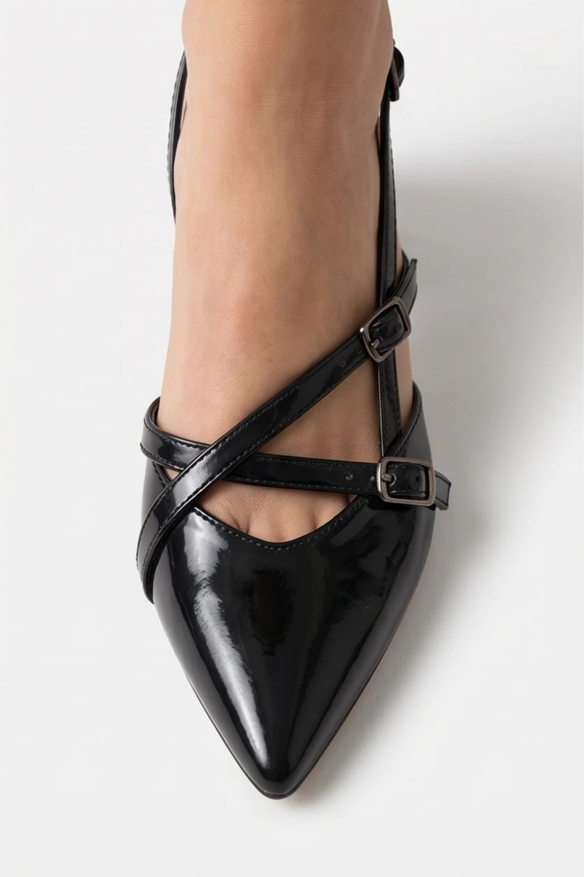  Mary Jane Siyah Rugan Çapraz Tokalı Slingback - Sivri Burun Alçak Kare Topuklu Elegant Kadın Ayakkabı