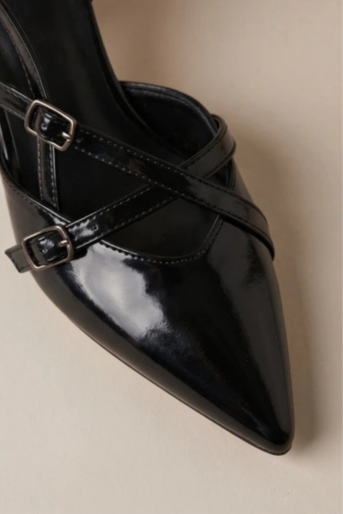  Mary Jane Siyah Rugan Çapraz Tokalı Slingback - Sivri Burun Alçak Kare Topuklu Elegant Kadın Ayakkabı