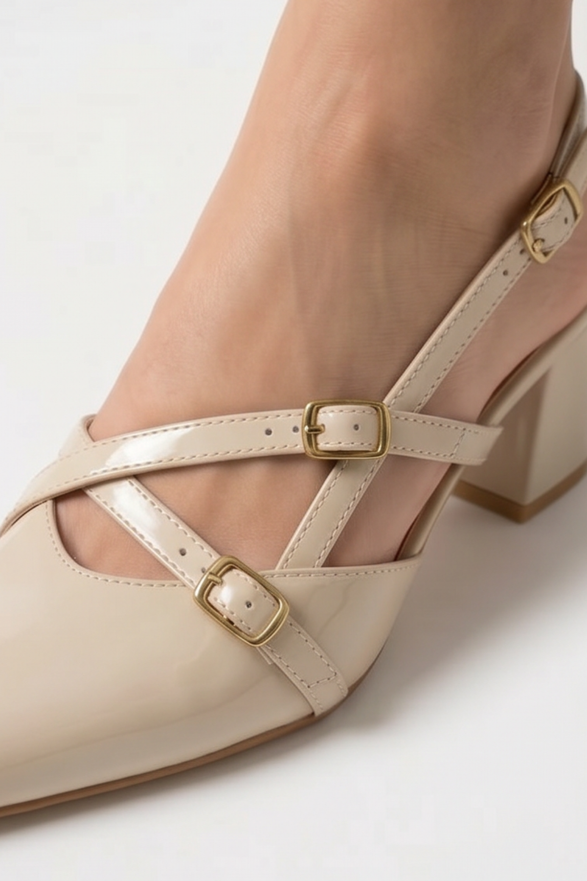  Mary Jane Bej Rugan Çapraz Tokalı Slingback - Sivri Burun Alçak Kare Topuklu Elegant Kadın Ayakkabı