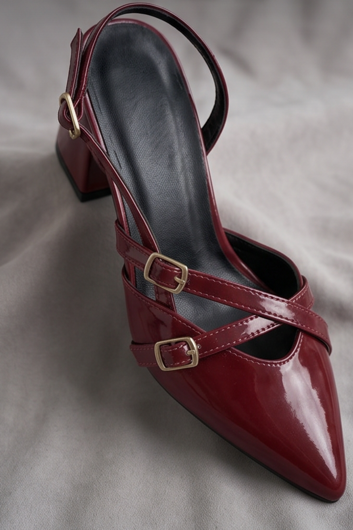  Mary Jane Bordo Rugan Çapraz Tokalı Slingback - Sivri Burun Alçak Kare Topuklu Elegant Kadın Ayakkabı