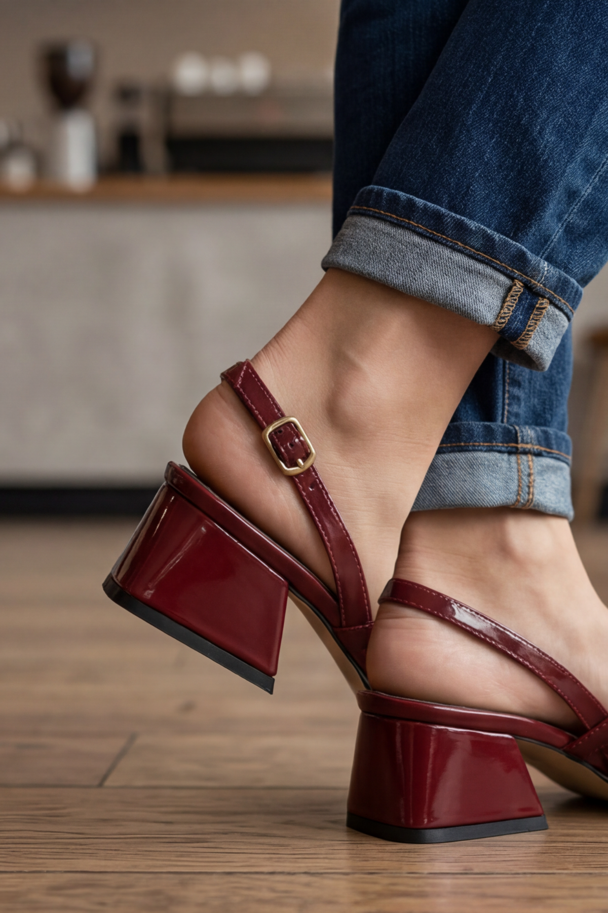  Mary Jane Bordo Rugan Çapraz Tokalı Slingback - Sivri Burun Alçak Kare Topuklu Elegant Kadın Ayakkabı