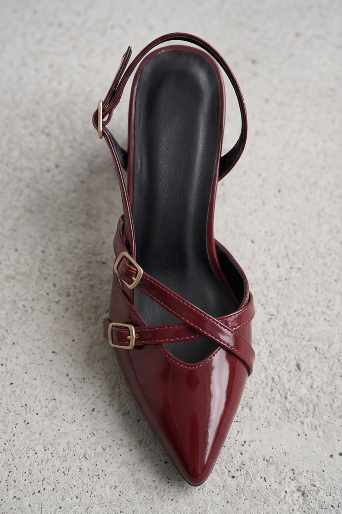  Mary Jane Bordo Rugan Çapraz Tokalı Slingback - Sivri Burun Alçak Kare Topuklu Elegant Kadın Ayakkabı