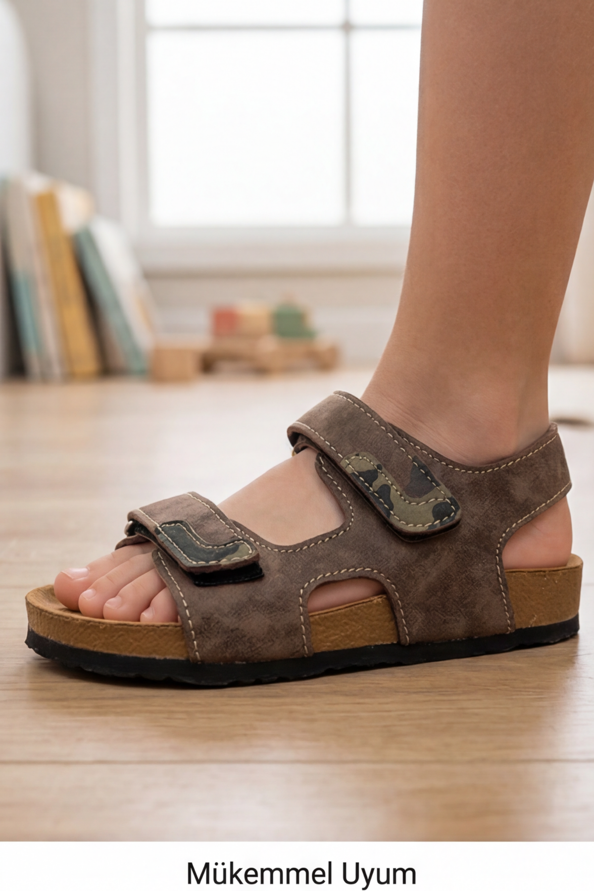Nature Step - Kamuflaj Detaylı Kahverengi Nubuk Dokulu Çift Cırtlı Erkek Çocuk Sandalet
