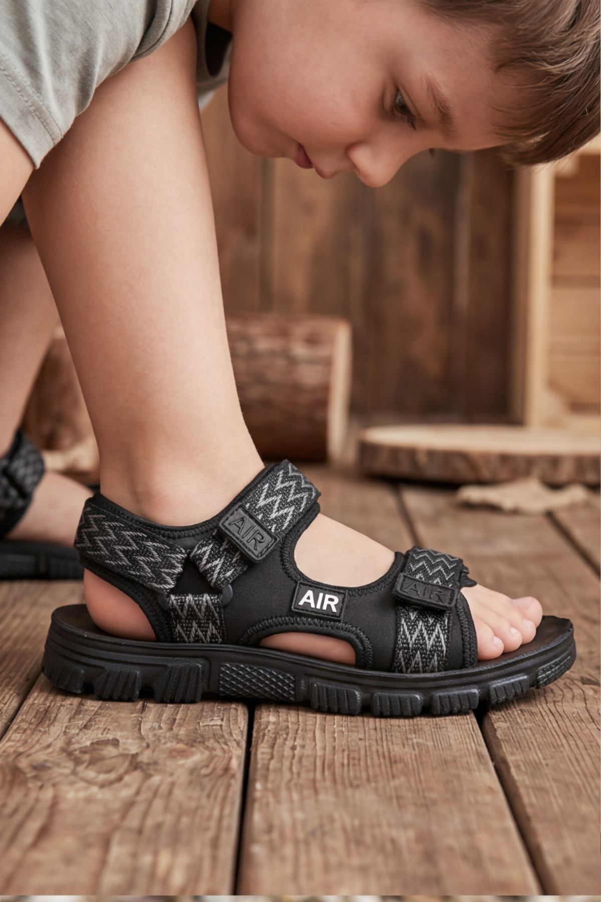 Nature Step - Etiket Detaylı Siyah Çift Cırtlı Erkek Çocuk Sandalet