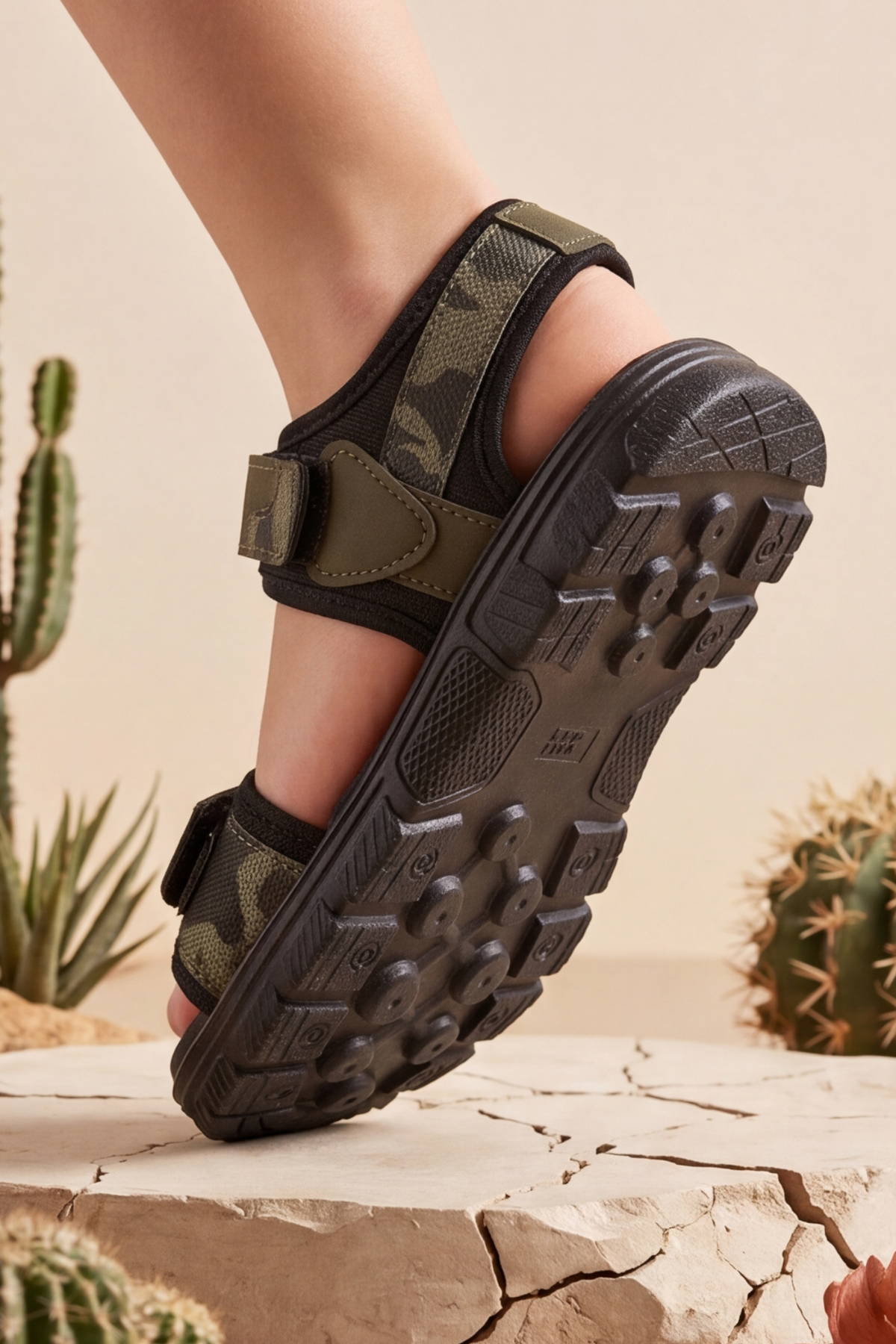 Nature Step - Kamuflaj Detaylı Haki Nubuk Dokulu Çift Cırtlı Erkek Çocuk Sandalet