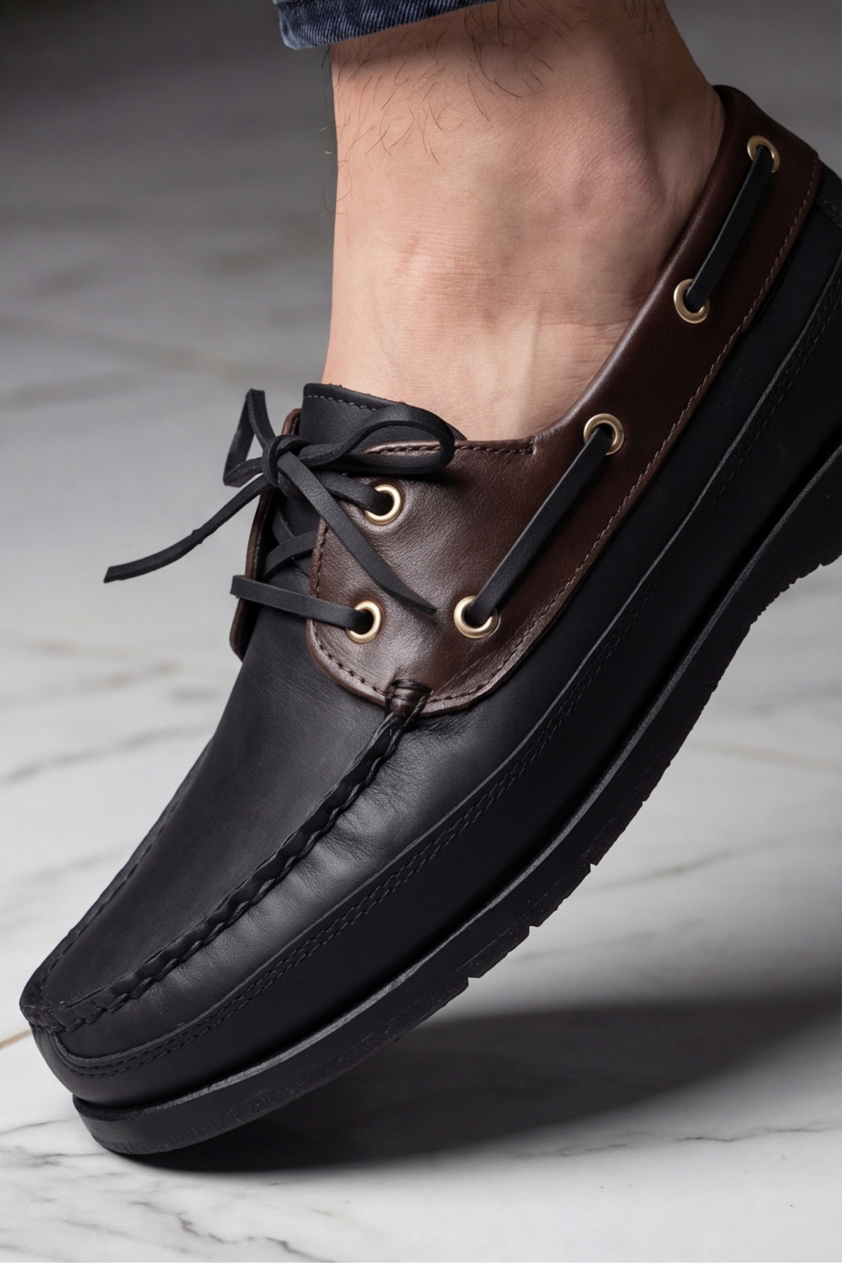 Royal Marine Siyah Kahve Premium Deri Erkek Loafer - El İşçiliği Özel Tasarım Klasik Gemi Ayakkabısı (Boat Shoe) Serisi