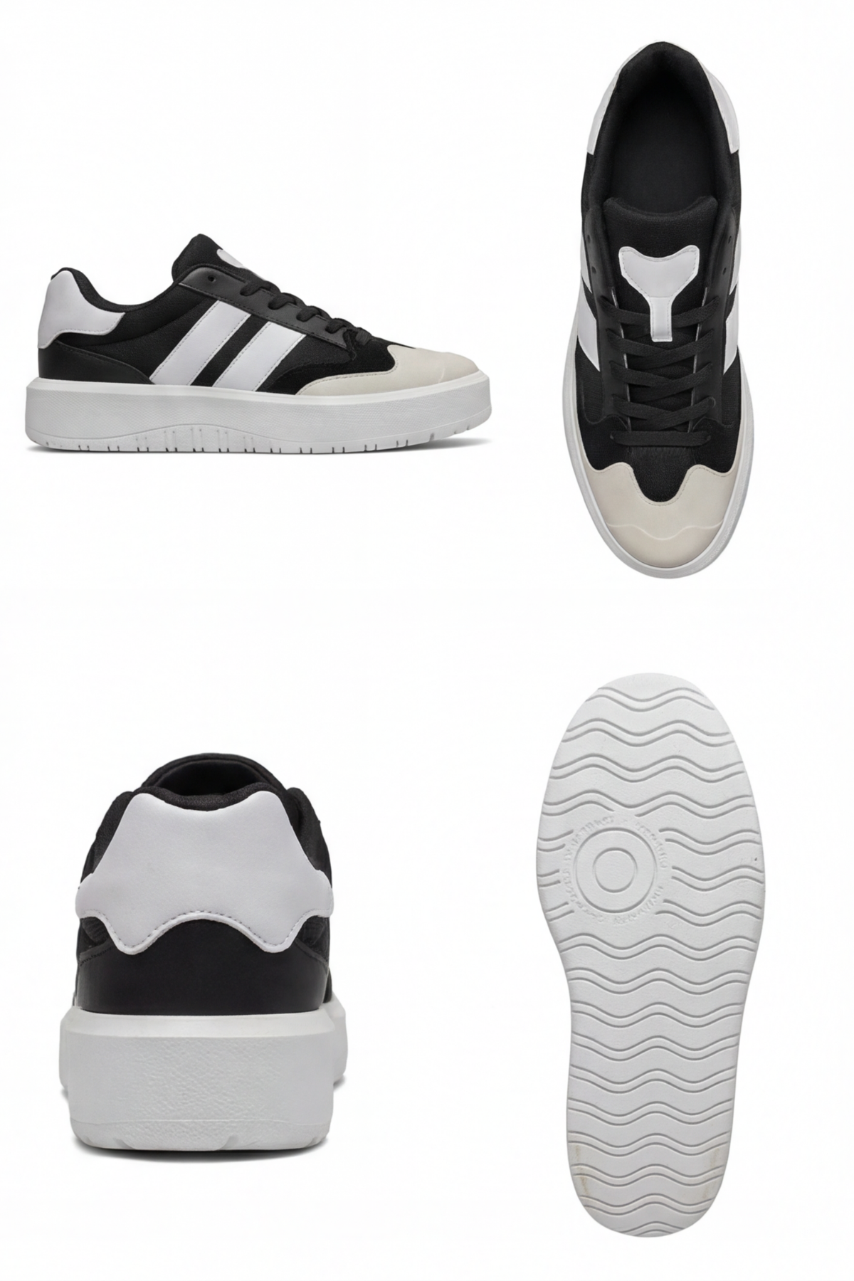 Urban-Strike Hybrid Siyah Beyaz Unisex Sneaker - Kontrast Renk Bloklu, Yüksek Tutuşlu Dalgalı Tabanlı ve Nefes Alabilen File Detaylı Günlük Spor Ayakkabı