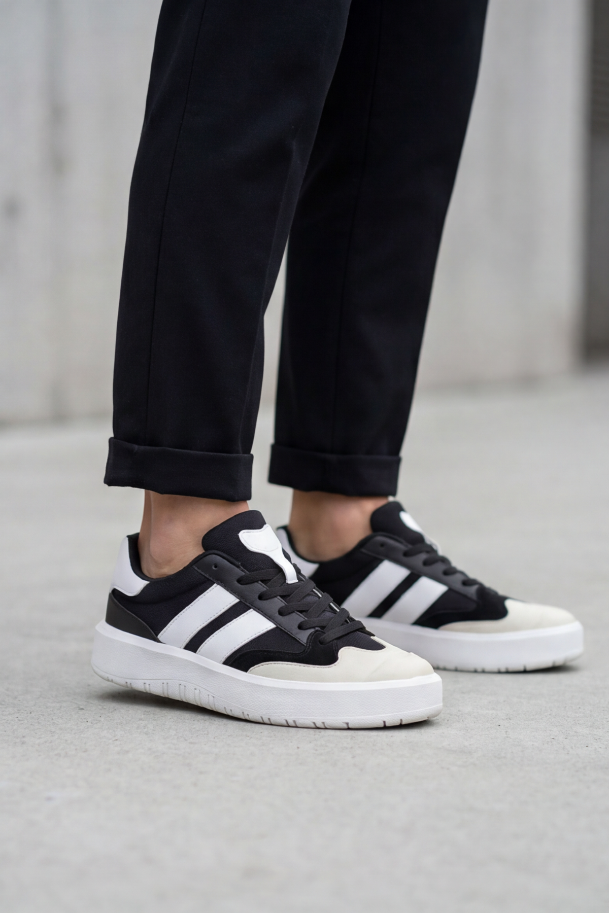 Urban-Strike Hybrid Siyah Beyaz Unisex Sneaker - Kontrast Renk Bloklu, Yüksek Tutuşlu Dalgalı Tabanlı ve Nefes Alabilen File Detaylı Günlük Spor Ayakkabı