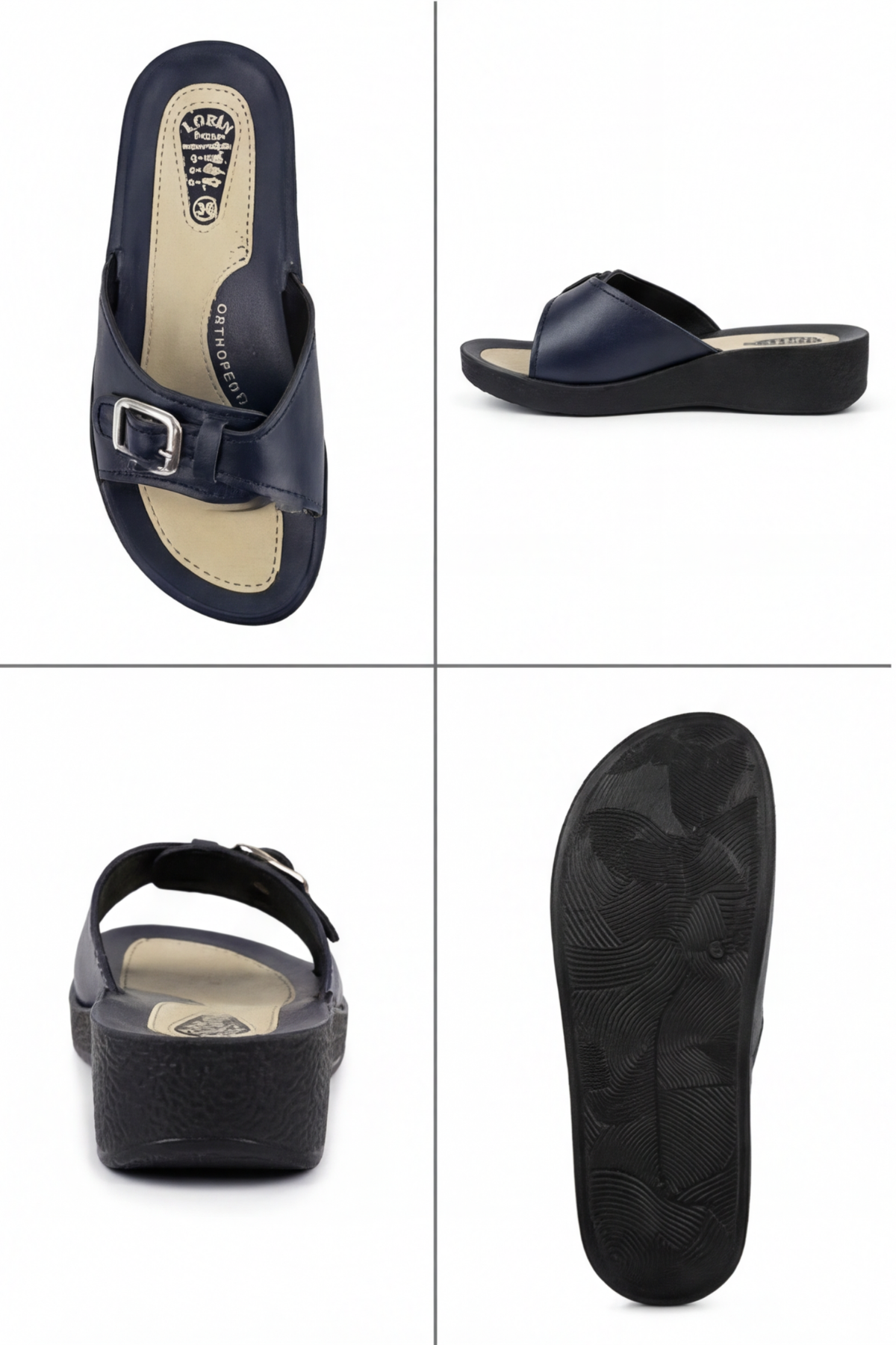 Soft-Step Ortopedik Comfort Lacivert Deri Görünümlü Toka Detaylı ve Hafif Dolgu Tabanlı Kadın Günlük Terlik Ev ve Dış Mekan Terliği