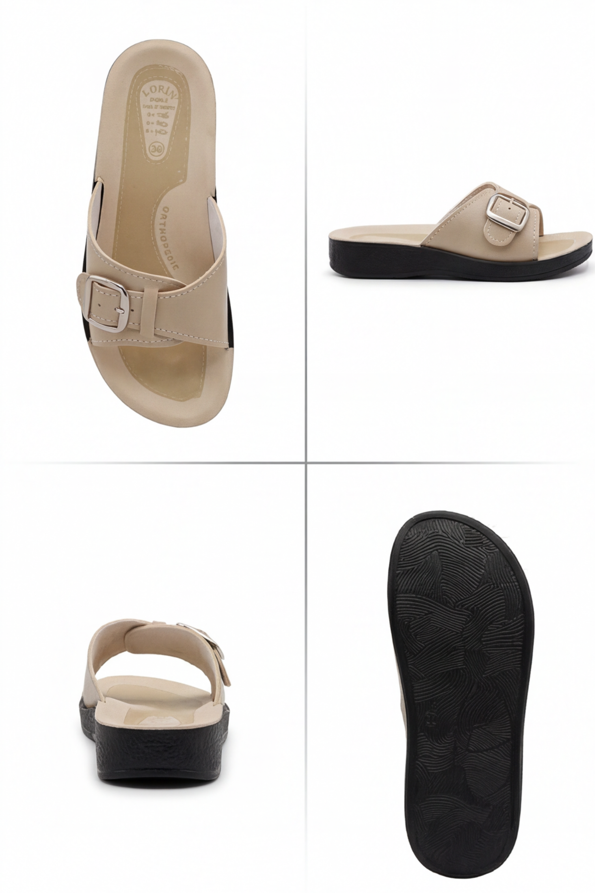 Soft-Step Ortopedik Comfort Bej Deri Görünümlü Toka Detaylı ve Hafif Dolgu Tabanlı Kadın Günlük Terlik Ev ve Dış Mekan Terliği - kopya