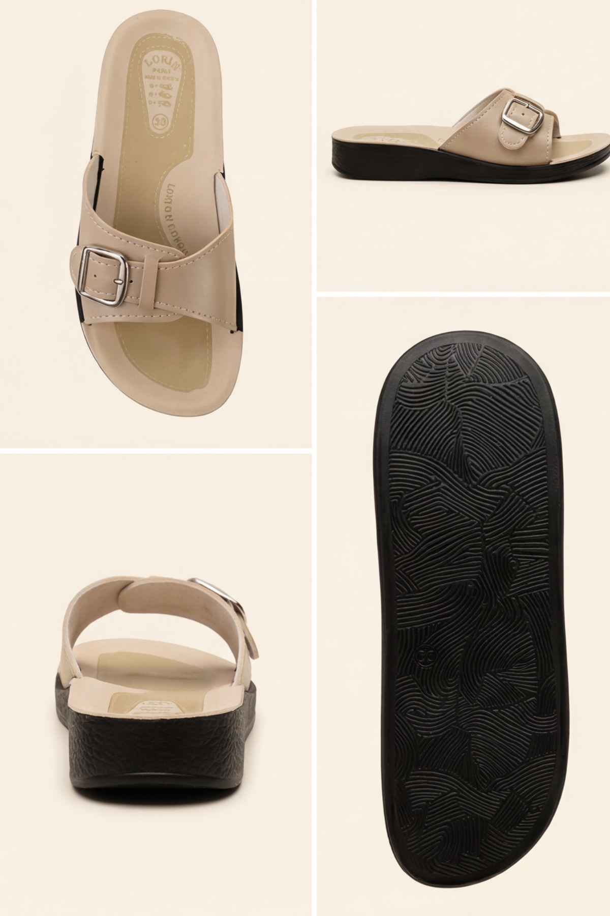 Soft-Step Ortopedik Comfort Bej Deri Görünümlü Toka Detaylı ve Hafif Dolgu Tabanlı Kadın Günlük Terlik Ev ve Dış Mekan Terliği - kopya