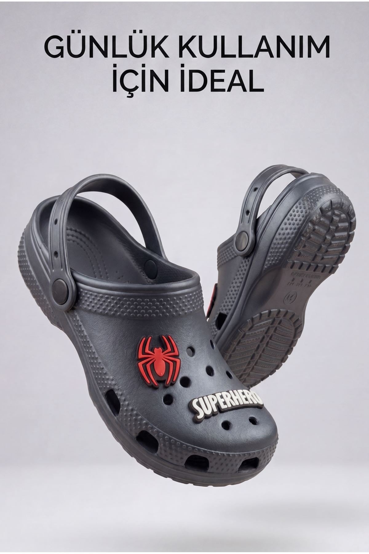 Hero-Clog Macera Serisi - Koyu Gri Maske Figürlü Erkek Çocuk - Bebek Terlik ve Sandalet: Ultra Hafif, Anatomik İç Tabanlı ve Kaymaz Emniyetli Yazlık Çocuk Kapalı Terlik