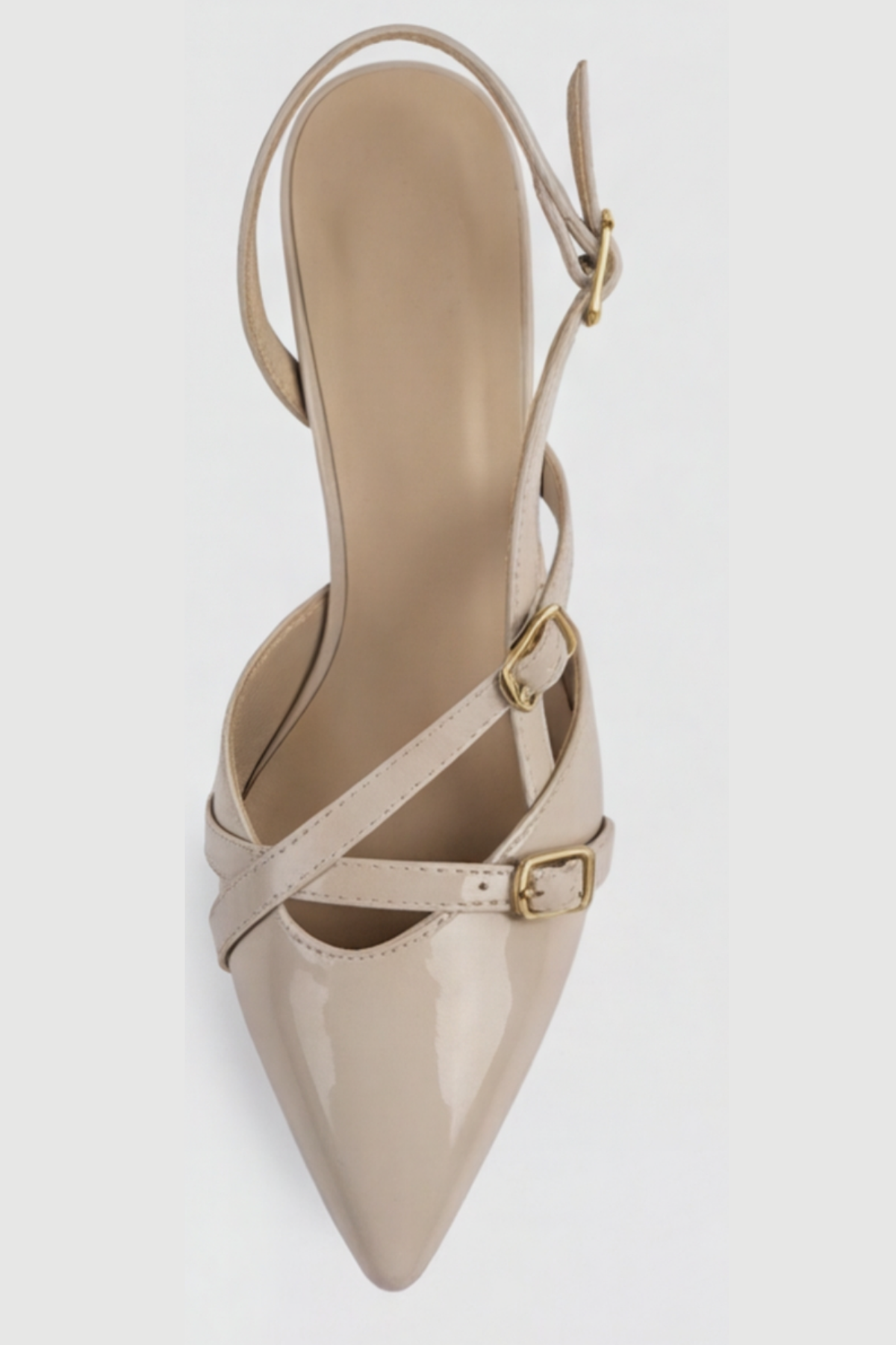 Mary Jane Bej Rugan Çapraz Tokalı Slingback - Sivri Burun Alçak Kare Topuklu Elegant Kadın Ayakkabı