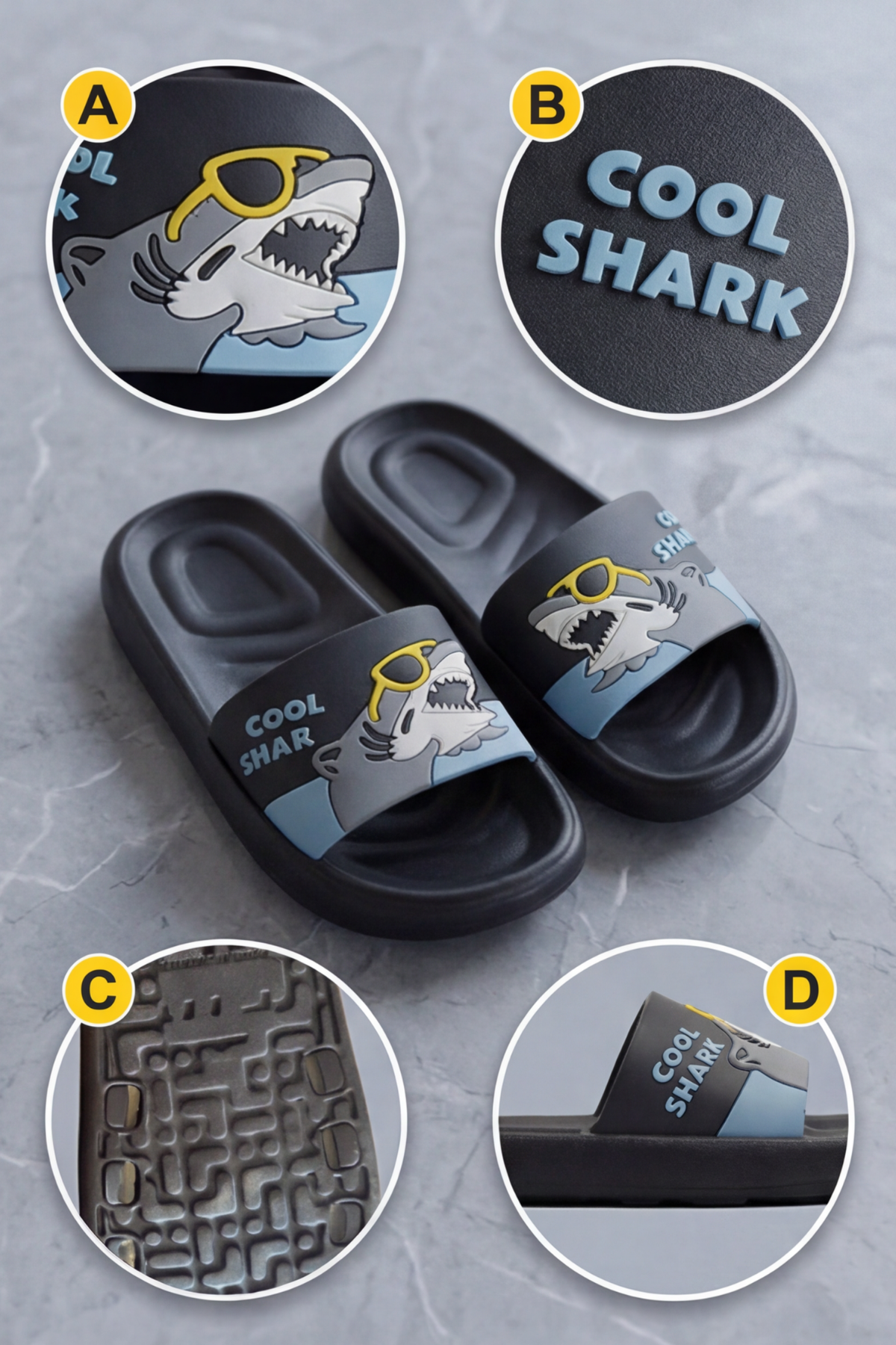 3D Desenli Cool Shark Gözlüklü Köpek Balığı Figürlü Erkek Çocuk Terlik - Islak Zemin Kaymaz Tabanlı Yumuşak ve Hafif Yazlık Çocuk Sandalet Terlik