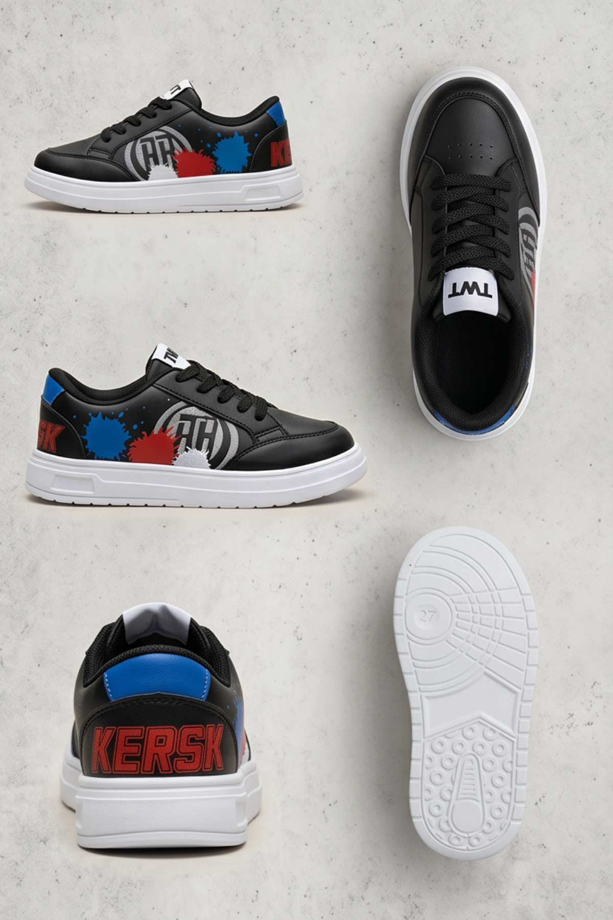  ColorSplash Pop-Art Siyah Akıllı Kapama Özellikli ve Bağcıklı Erkek Çocuk Ayakkabı - Renkli Baskılı, Graffiti Detaylı, Kaymaz Beyaz Tabanlı, Rahat Günlük Çocuk Spor Ayakkabısı