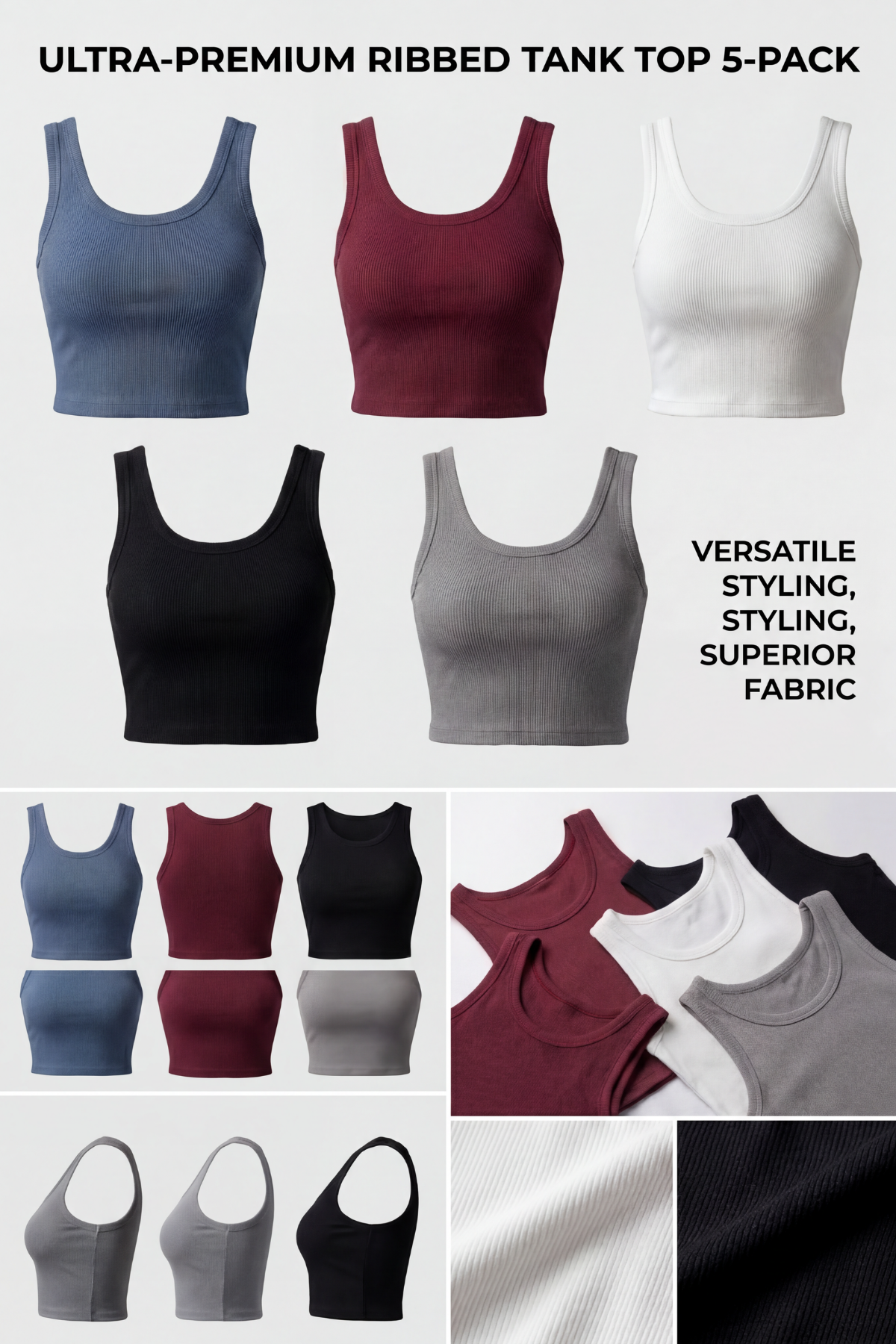 Premium Fitilli Pamuklu Esnek Kumaş Kadın 5'li Crop Set - U Yakalı Spor ve Şık Basic Bluz Seti - Yumuşak Dokulu Slim Fit Yazlık Üst Set