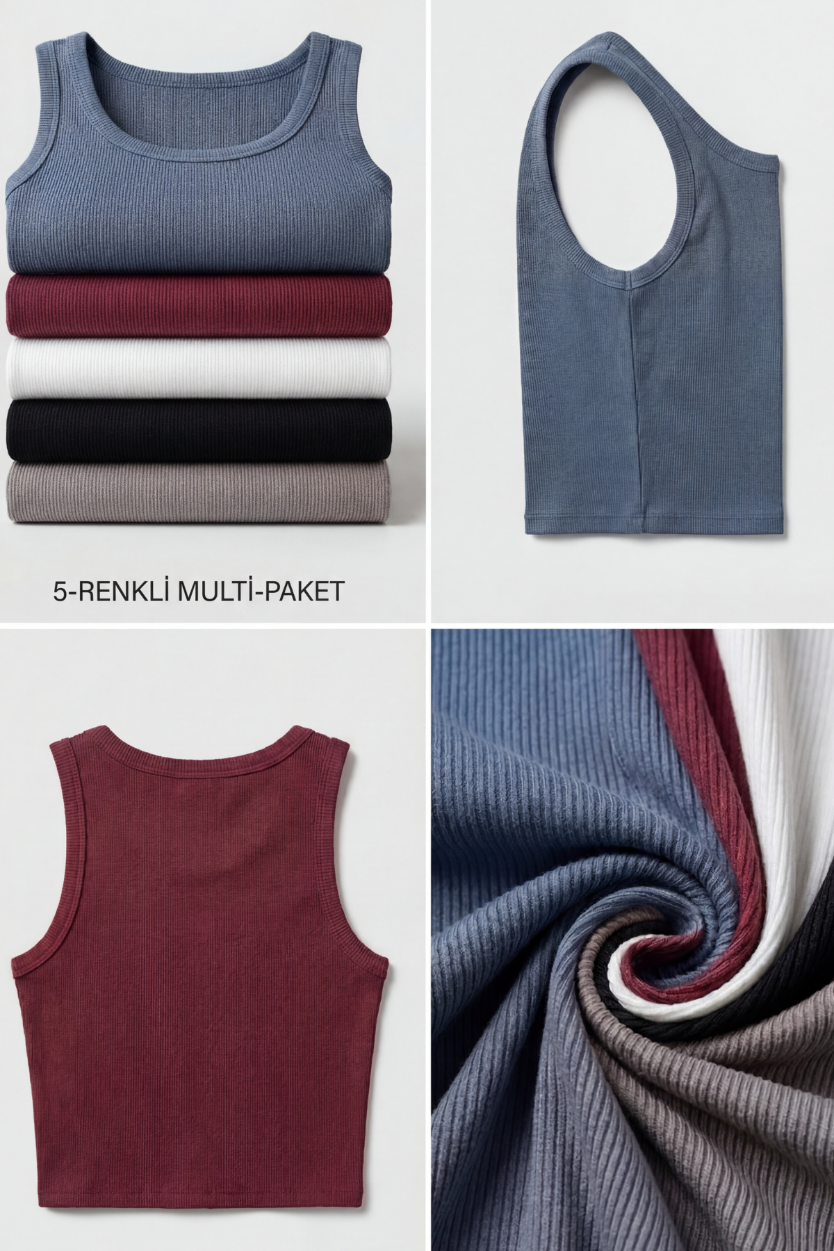 Premium Fitilli Pamuklu Esnek Kumaş Kadın 5'li Crop Set - U Yakalı Spor ve Şık Basic Bluz Seti - Yumuşak Dokulu Slim Fit Yazlık Üst Set