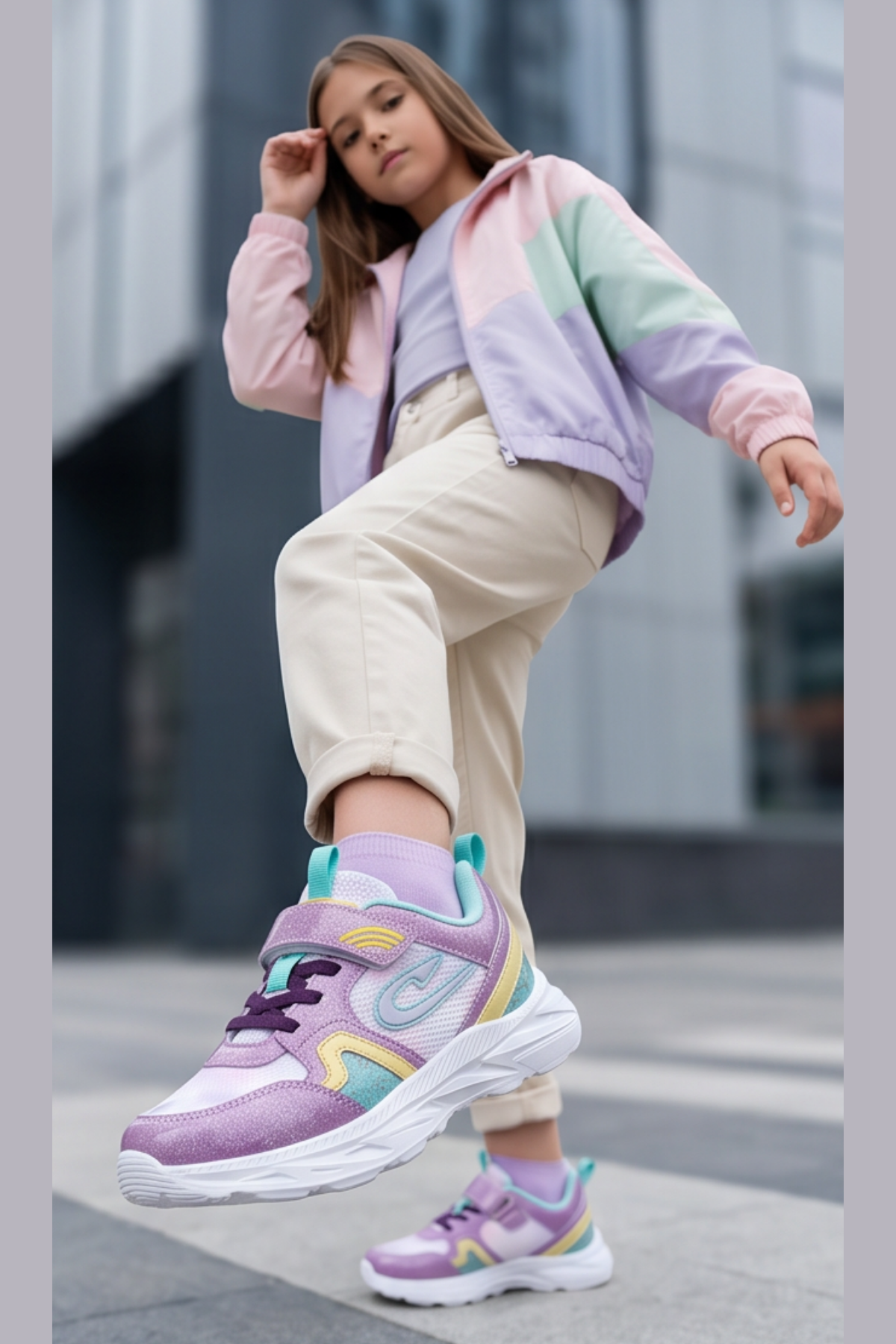 Lila Dream Işıltılı Mor Cırt Cırtlı Hafif ve Esnek Tabanlı Nefes Alabilir Kız Çocuk Spor Ayakkabı Sneaker – Okul ve Günlük Kullanım İçin Ortopedik Destekli Yürüyüş Ayakkabısı