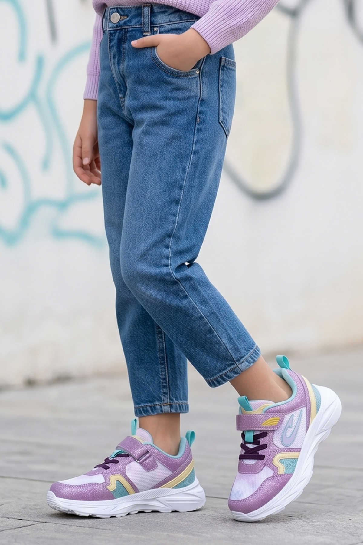 Lila Dream Işıltılı Mor Cırt Cırtlı Hafif ve Esnek Tabanlı Nefes Alabilir Kız Çocuk Spor Ayakkabı Sneaker – Okul ve Günlük Kullanım İçin Ortopedik Destekli Yürüyüş Ayakkabısı