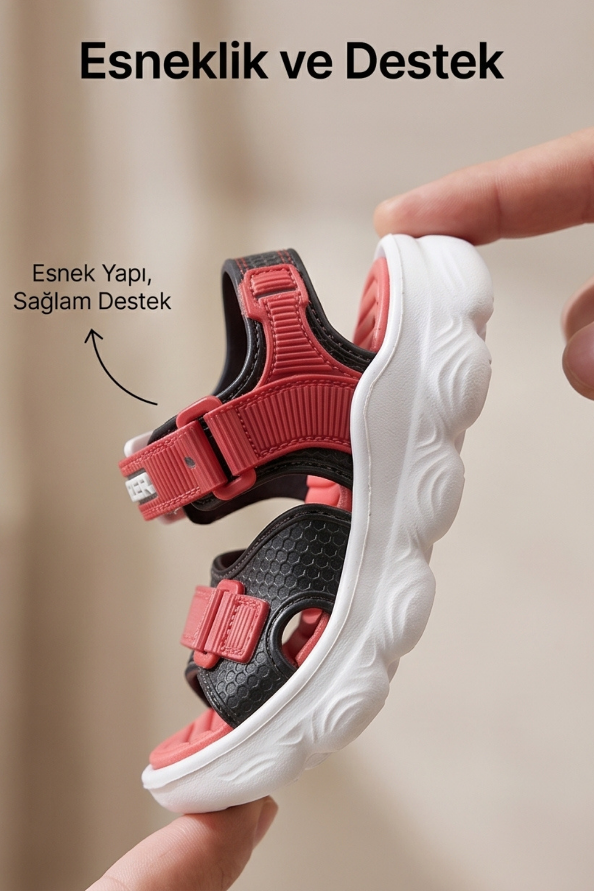 NovaTrack Erkek Çocuk Kırmızı Siyah Anatomik Esnek Tabanlı Sandalet - Cırt Cırtlı Tokalı Yazlık Spor Kreş Çocuk - Bebek Sandaleti