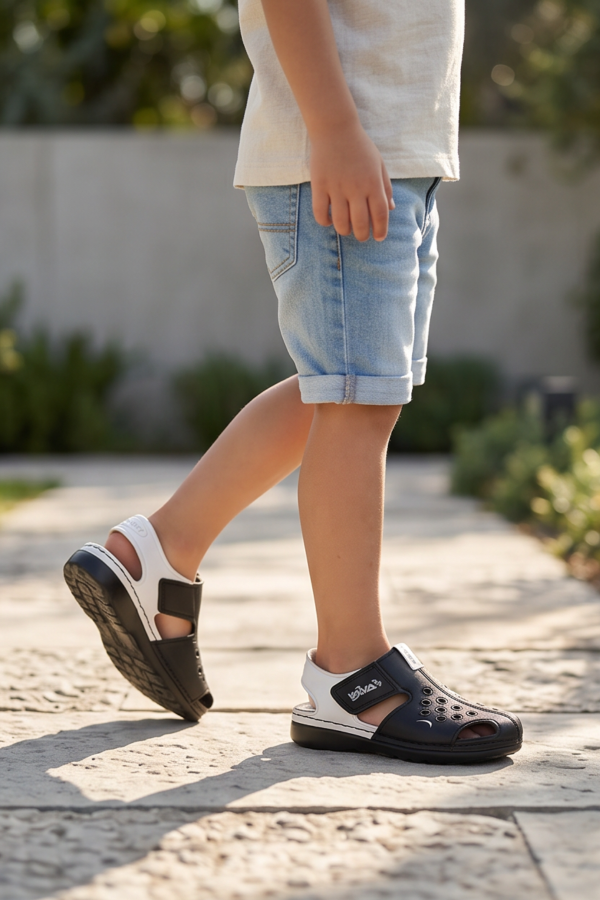 BreezeWalk Hafif ve Esnek Tabanlı Delikli Erkek Çocuk Siyah Beyaz Sandalet - Cırt Cırtlı Arka Bantlı Havuz Deniz ve Günlük Yazlık Spor Çocuk Ayakkabısı