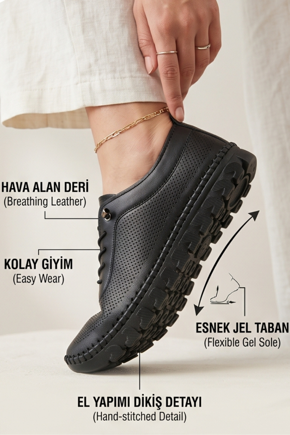 FlexiGel Tam Ortopedik Jel Tabanlı Kadın Siyah Loafer - Ultra Esnek Nefes Alabilir Hafif Günlük Anne Ayakkabısı