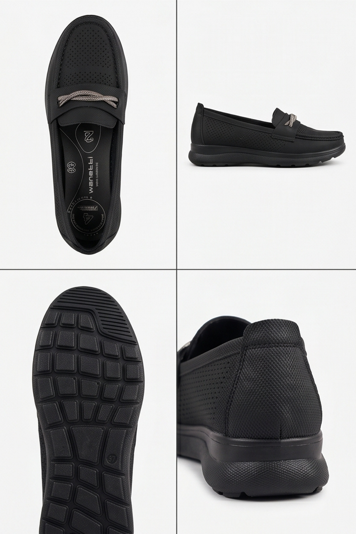Aura Comfort – Ortopedik Tabanlı Işıltı Detaylı Kadın Siyah Günlük Casual Loafer Ayakkabı