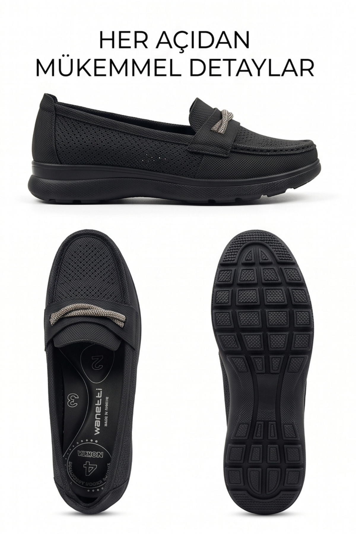Aura Comfort – Ortopedik Tabanlı Işıltı Detaylı Kadın Siyah Günlük Casual Loafer Ayakkabı