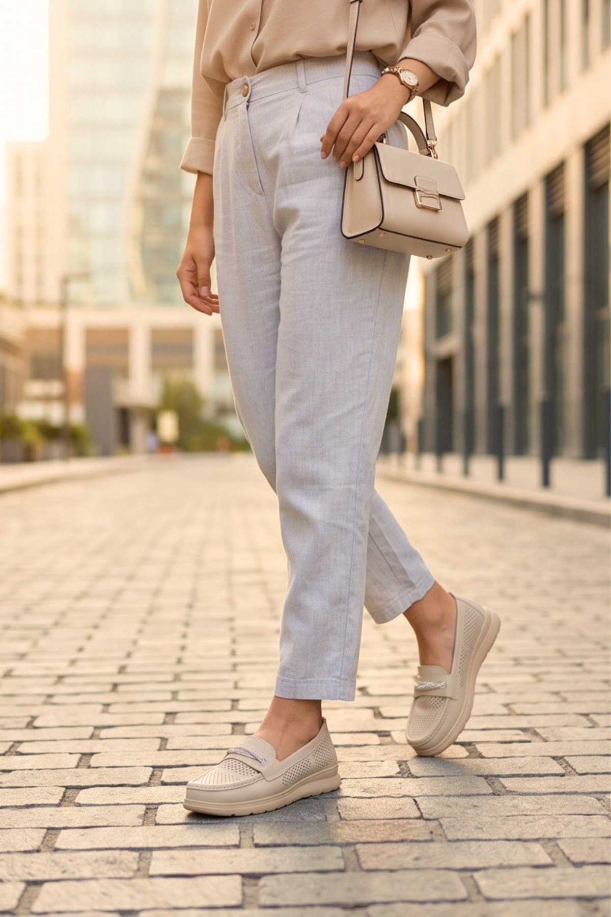 Aura Comfort – Ortopedik Tabanlı Işıltı Detaylı Kadın Krem Günlük Casual Loafer Ayakkabı