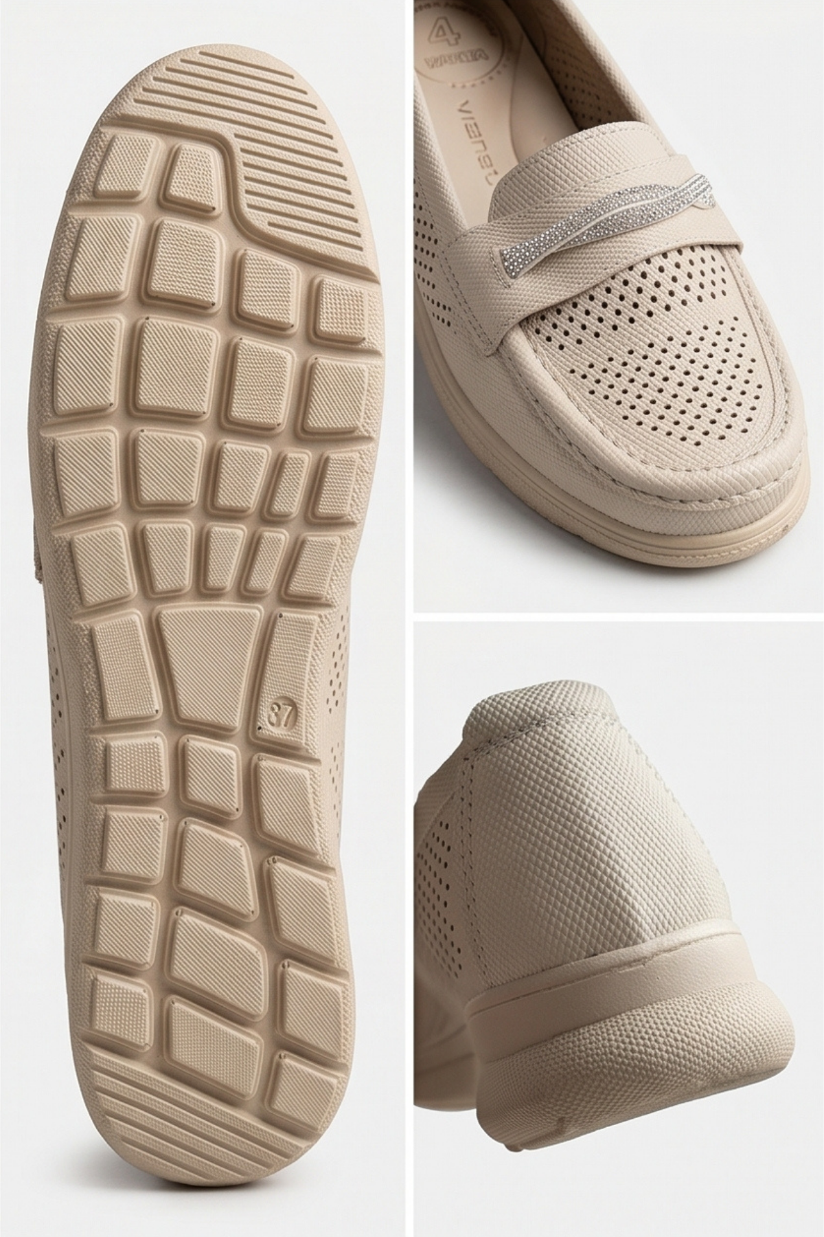 Aura Comfort – Ortopedik Tabanlı Işıltı Detaylı Kadın Krem Günlük Casual Loafer Ayakkabı