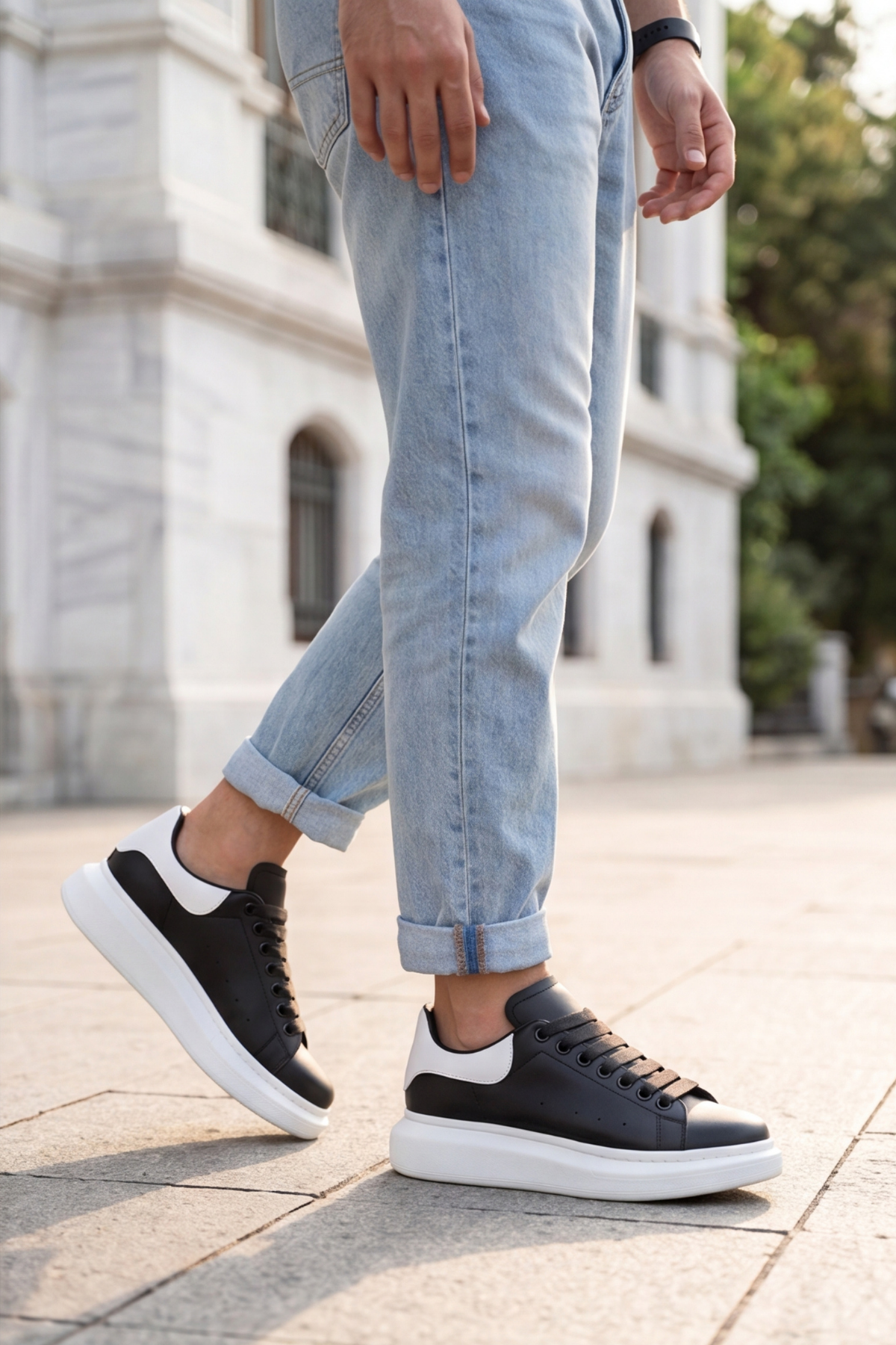 LiaQuenn - Rahat ve Hafif Yüksek Tabanlı Yürüyüş Günlük Spor Giy Çık Unisex Beyaz-Siyah-Beyaz Sneaker Ayakkabı