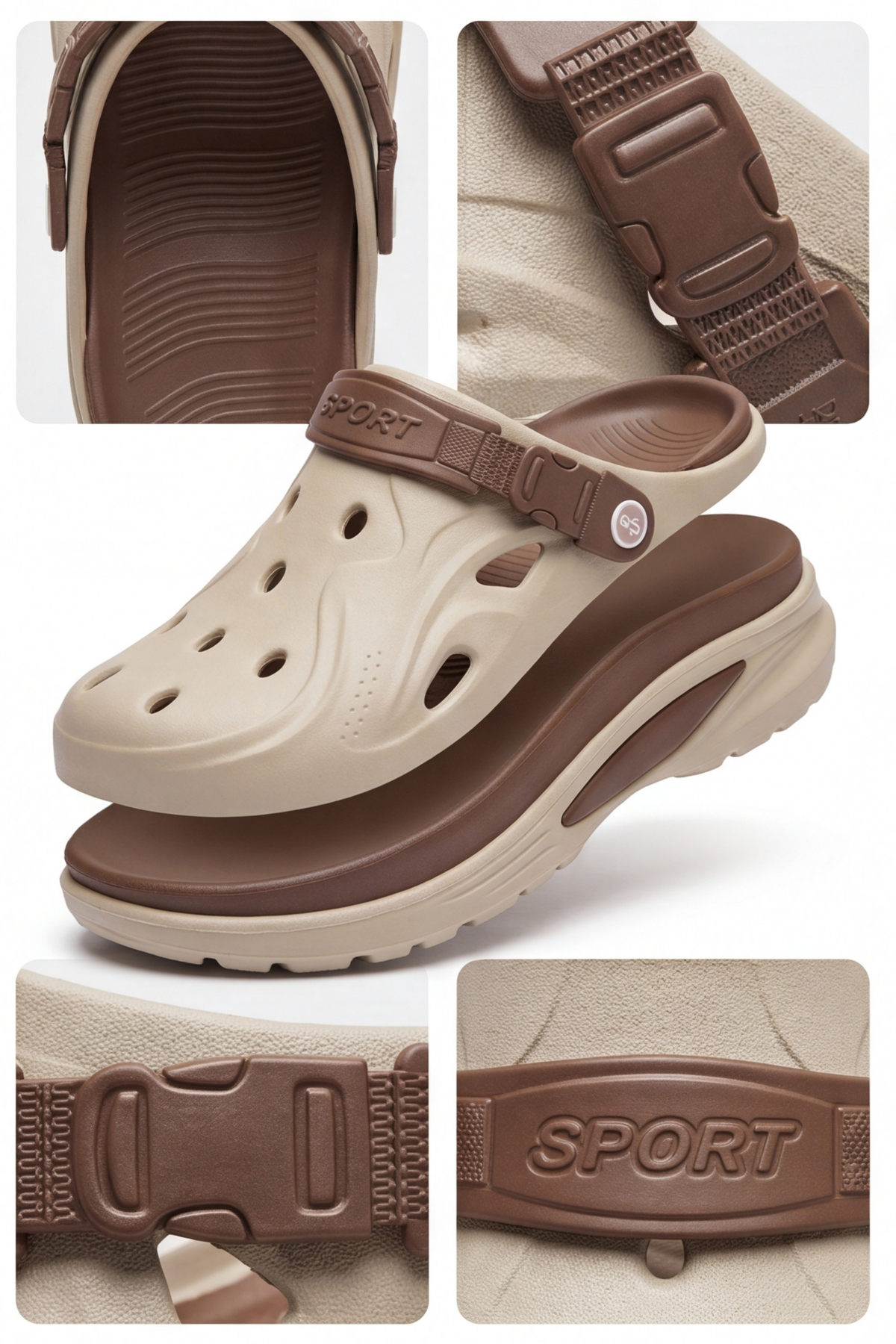 Terra Strata: Erkek Çift Tabanlı Bej-Kahverengi Comfort Clog Erkek Terlik - Tokalı Arka Bantlı Spor Sandalet, Havuz, Plaj ve Günlük Doğa Yürüyüşü Anatomik Terliği