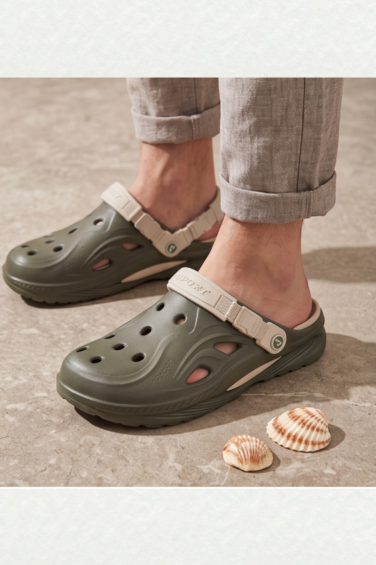 Terra Strata: Erkek Çift Tabanlı Haki - Bej Comfort Clog Erkek Terlik - Tokalı Arka Bantlı Spor Sandalet, Havuz, Plaj ve Günlük Doğa Yürüyüşü Anatomik Terliği