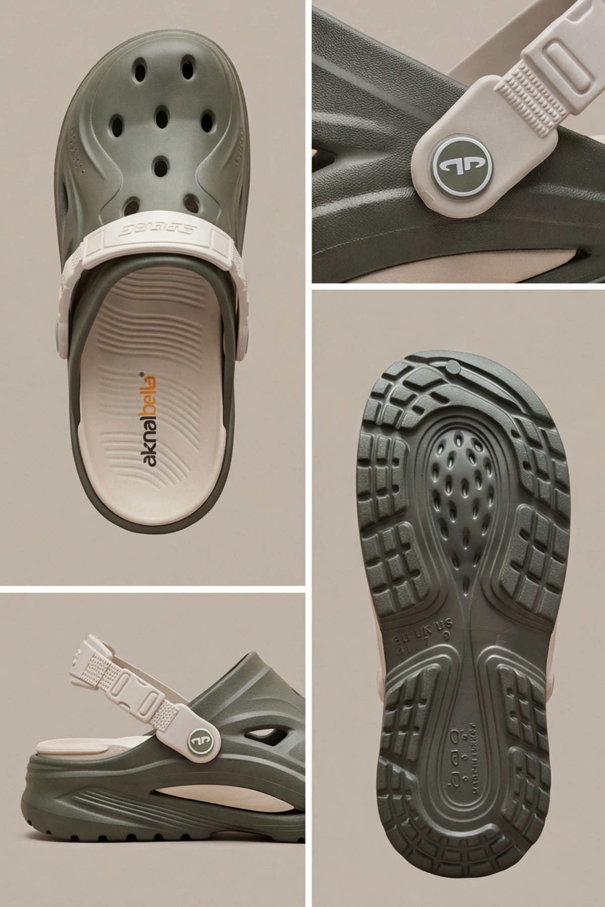 Terra Strata: Erkek Çift Tabanlı Haki - Bej Comfort Clog Erkek Terlik - Tokalı Arka Bantlı Spor Sandalet, Havuz, Plaj ve Günlük Doğa Yürüyüşü Anatomik Terliği