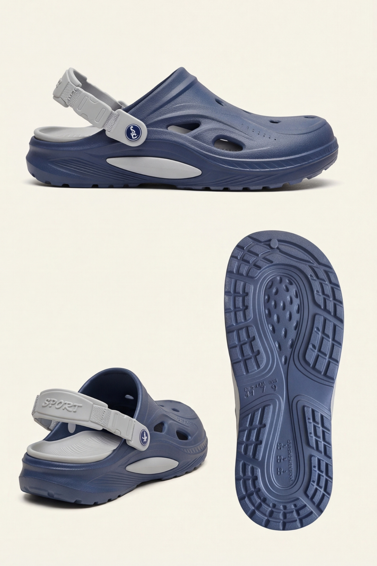 Terra Strata: Erkek Çift Tabanlı Lacivert-Gri Comfort Clog Erkek Terlik - Tokalı Arka Bantlı Spor Sandalet, Havuz, Plaj ve Günlük Doğa Yürüyüşü Anatomik Terliği