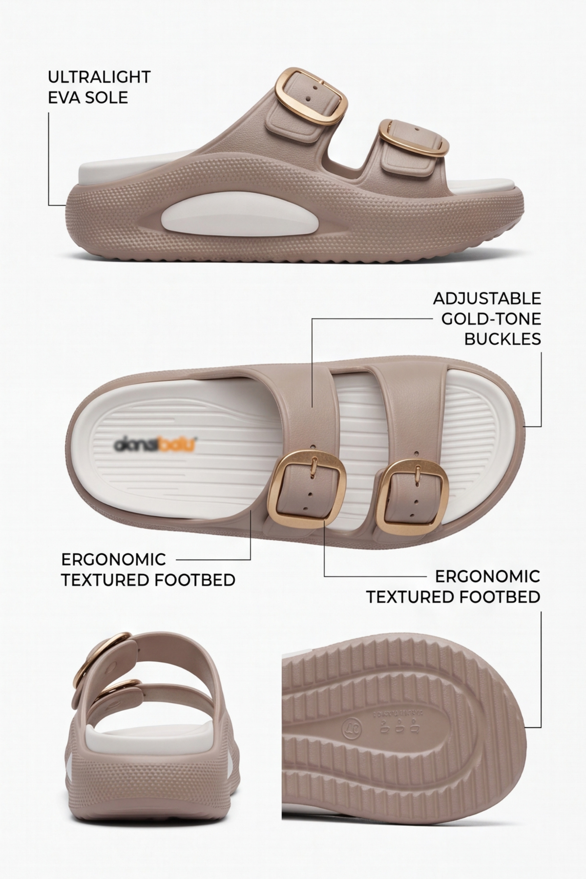 EvaClip Comfort Kadın Çift Tokalı Kalın Tabanlı Camel Kadın Terlik - Çift Katmanlı Hafif ve Ortopedik Anatomik Tabanlı Günlük Ev ve Plaj Terliği