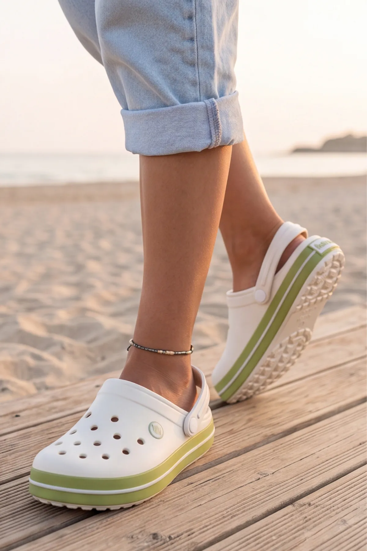 EasyStep - Ekru - Yeşil Hafif EVA Sabo Terlik, Ergonomik Tabanlı Nefes Alabilen Islak Zemin Uyumlu Kemerli Hastane, Plaj, Ev ve Günlük Kullanım Terliği - Clog Sandalet