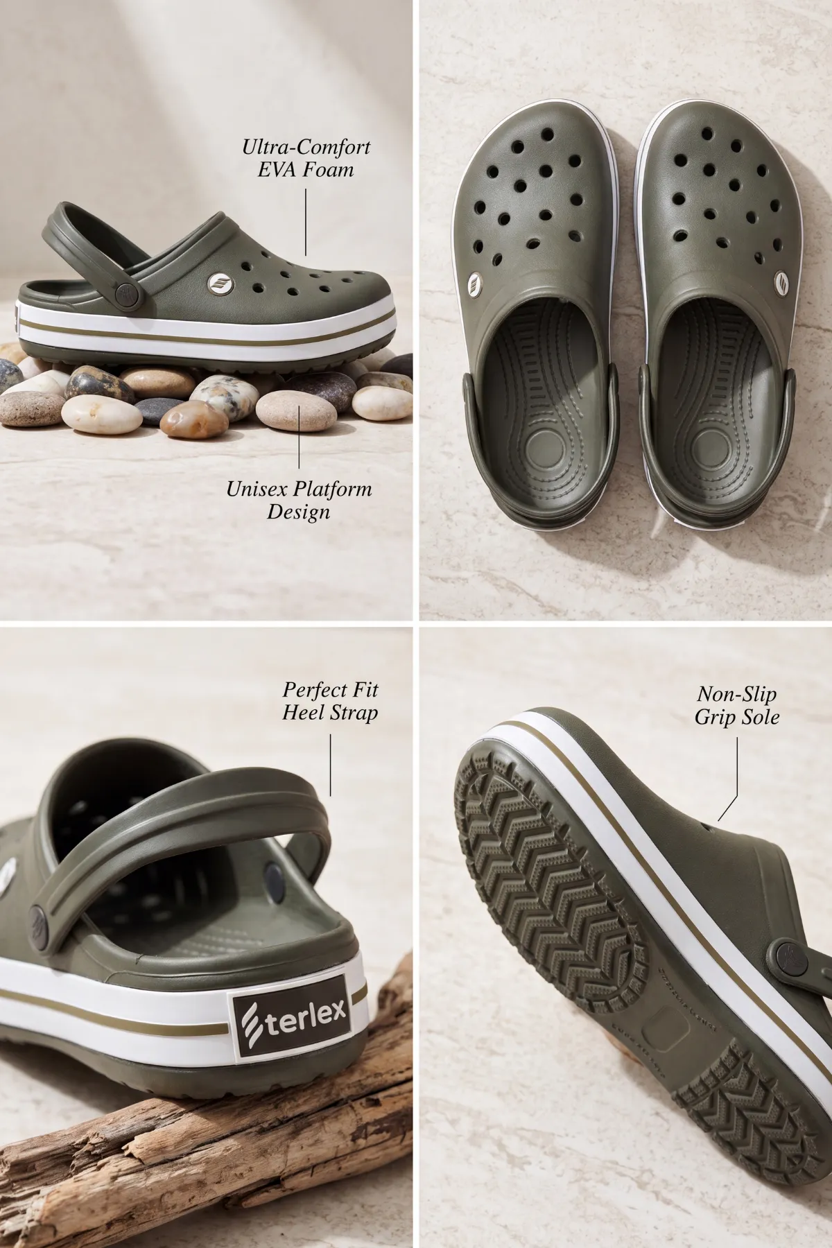 EasyStep - Haki Beyaz Unisex Hafif EVA Sabo Terlik, Ergonomik Tabanlı Nefes Alabilen Islak Zemin Uyumlu Kemerli Hastane, Plaj, Ev ve Günlük Kullanım Terliği - Clog Sandalet