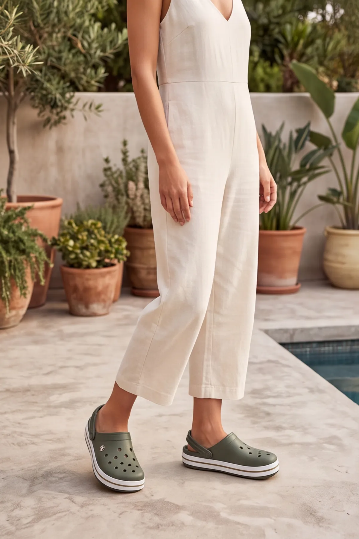 EasyStep - Haki Beyaz Unisex Hafif EVA Sabo Terlik, Ergonomik Tabanlı Nefes Alabilen Islak Zemin Uyumlu Kemerli Hastane, Plaj, Ev ve Günlük Kullanım Terliği - Clog Sandalet