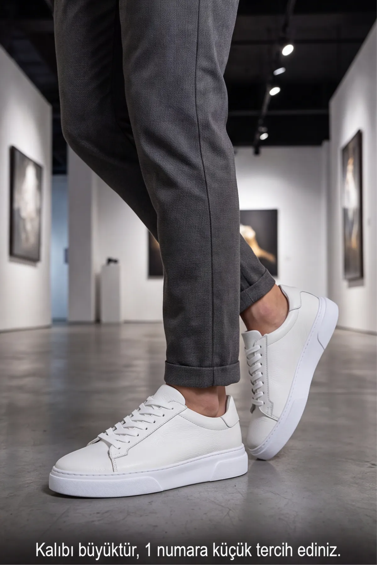 Prestige Sneaker – Hakiki Deri Beyaz Erkek Sneaker, Ergonomik Kalın ve Yumuşak Tabanlı Bağcıklı Günlük Ayakkabı