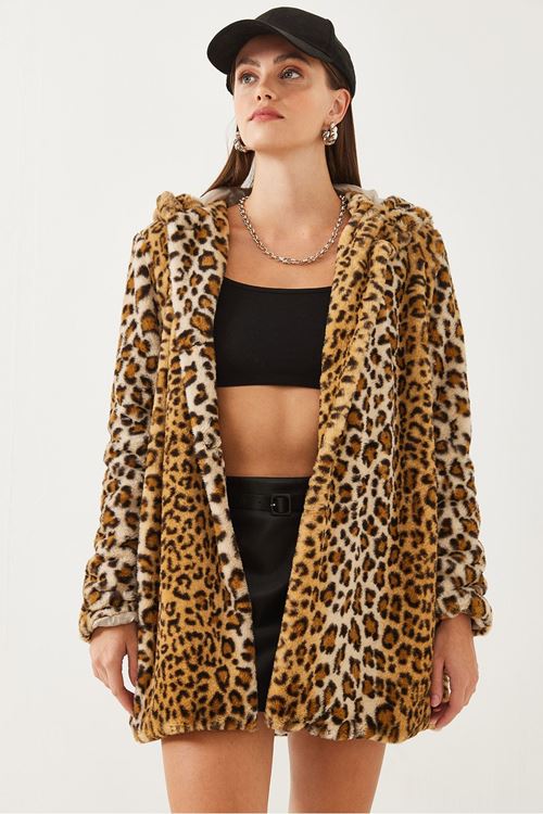 Kadın Kapüşonlu Leopar Desenli Kürk 2457 60251827