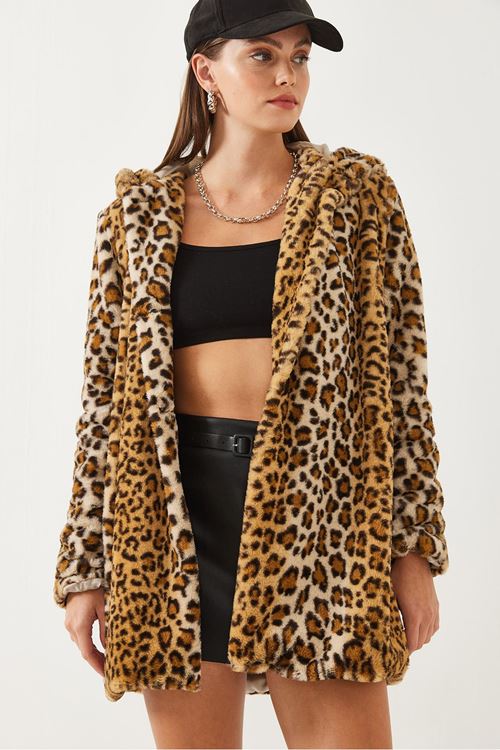 Kadın Kapüşonlu Leopar Desenli Kürk 2457 60251827