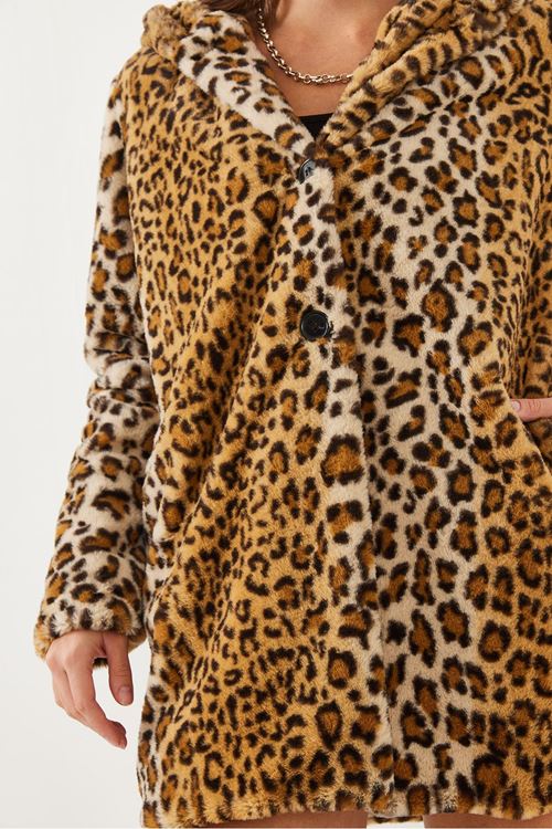 Kadın Kapüşonlu Leopar Desenli Kürk 2457 60251827