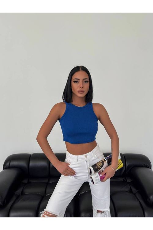 Solmayan Crop Top Esnek Fitilli Halter Yaka Atlet Slim Fit Saks Mavi