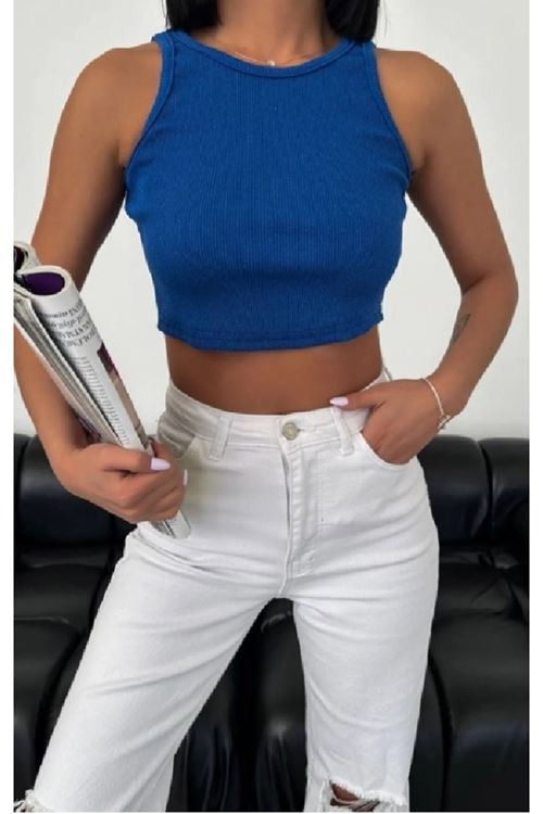 Solmayan Crop Top Esnek Fitilli Halter Yaka Atlet Slim Fit Saks Mavi