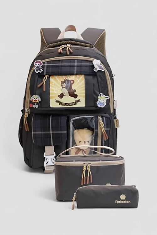 1395 3 lü Ortopedik Çok Gözlü Su Geçirmez Laptop Bölmeli Aksesuarlı Çocuk Okul Sırt Çanta