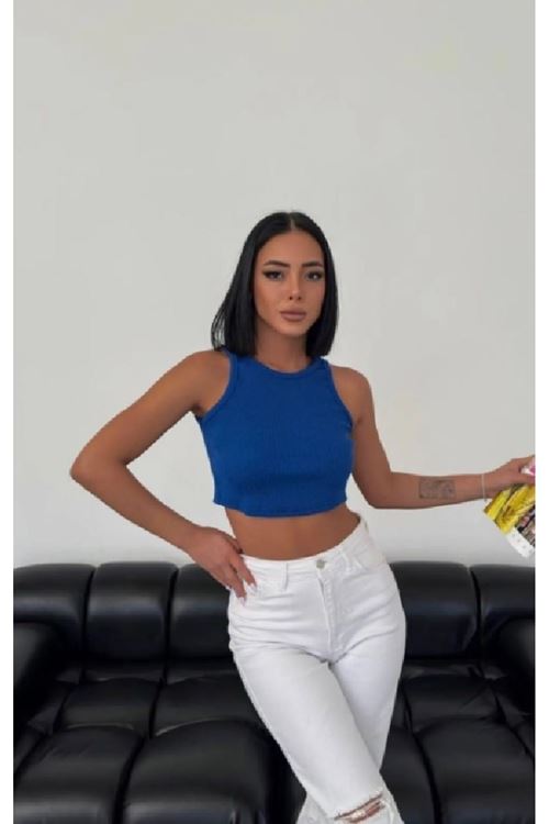 Solmayan Crop Top Esnek Fitilli Halter Yaka Atlet Slim Fit Saks Mavi