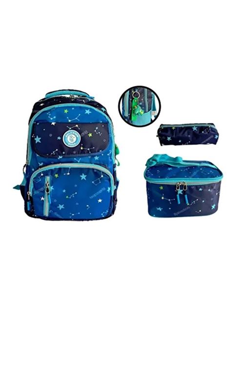 1390 3 lü Tam Ortopedik Renkli Desenli Okul Çanta Seti (Sırt Çantası + Beslenme Çantası + Kalemlik)