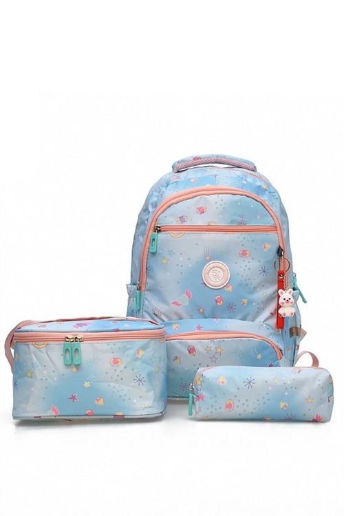 1385 3 lü Ortopedik Çok Gözlü Su Geçirmez Laptop Bölmeli Aksesuarlı Çocuk Okul Sırt Çanta